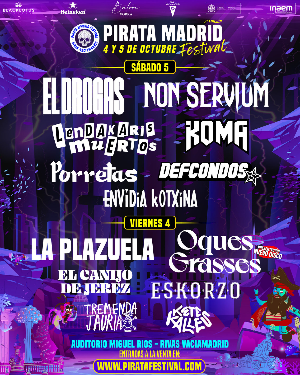 Cartel completo del Pirata Madrid Festival 2024, que se celebra los días 4 y 5 de octubre en el Auditorio Miguel Ríos de Rivas Vaciamadrid