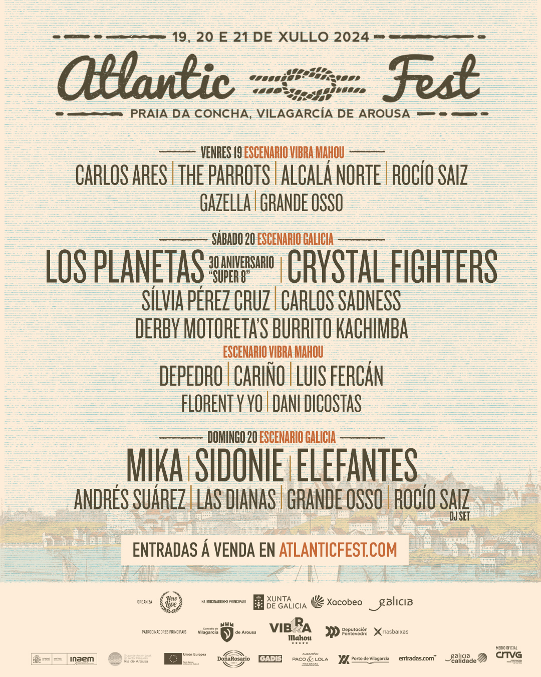 cartel completo del atlantic fest 2024, en julio en Vilagarcía de Arousa