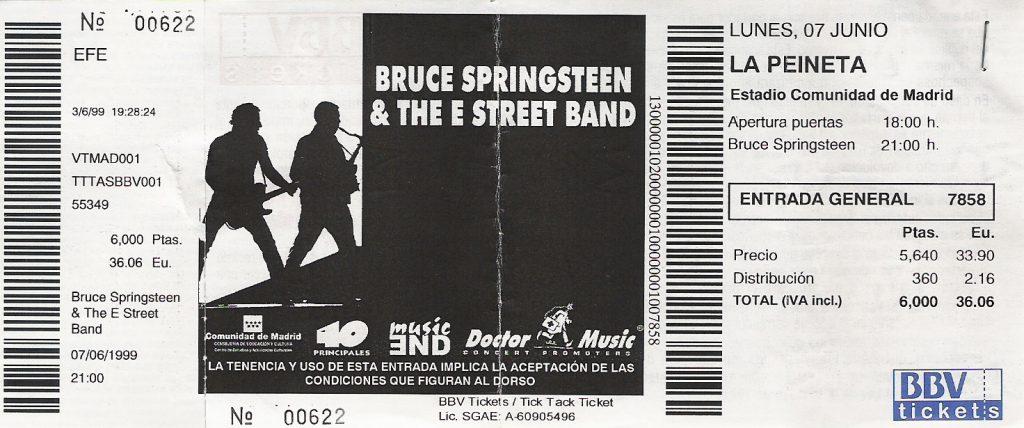 Entrada del concierto de Bruce Springsteen en el Estadio de La Peineta de Madrid en 1999