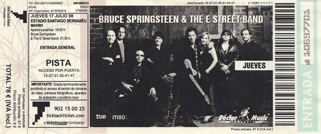 Entrada del concierto de Bruce Springsteen & The E Street Band el 17 de julio de 2008 en el Santiago Bernabéu de Madrid