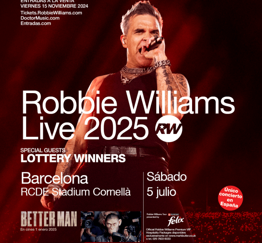 Robbie Williams anuncia concierto en Barcelona, única parada de su gira de 2025 en España. La cita será el sábado 5 de julio en el RCDE Stadium de Cornellà.