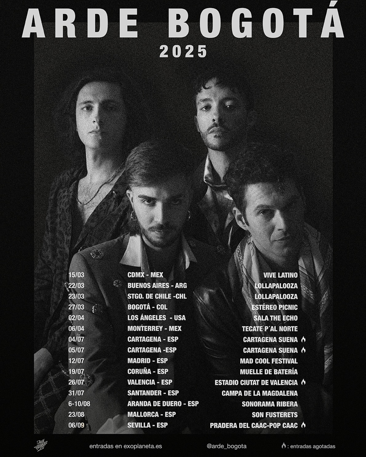 Todos los conciertos que la banda Arde Bogotá dará durante el año 2025 tanto en América como en varias ciudades españolas durante el verano