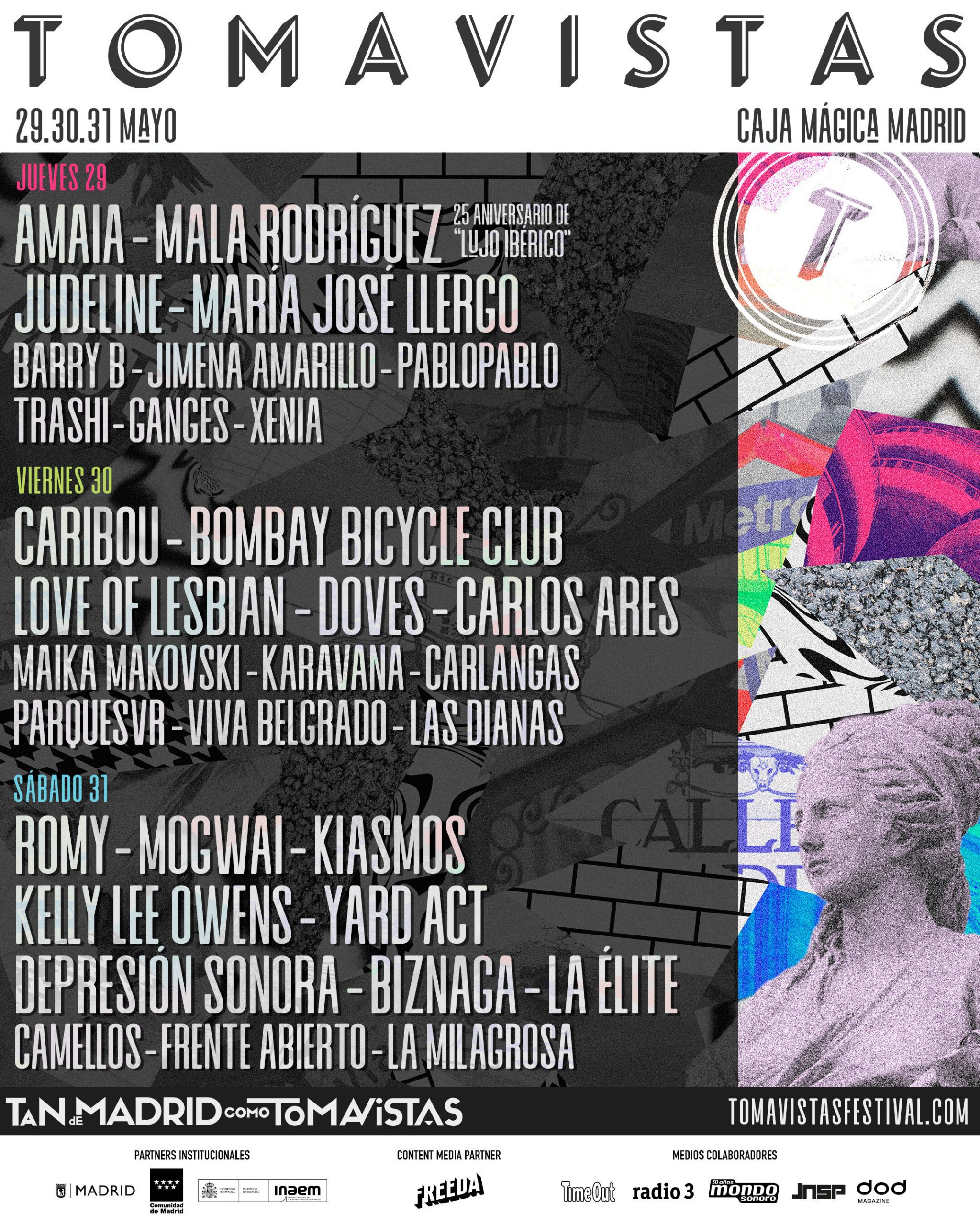Cartel completo de Tomavistas 2025, que se celebrará durante los días 29, 30 y 31 de mayo en el amplio recinto de la Caja Mágica de Madrid.