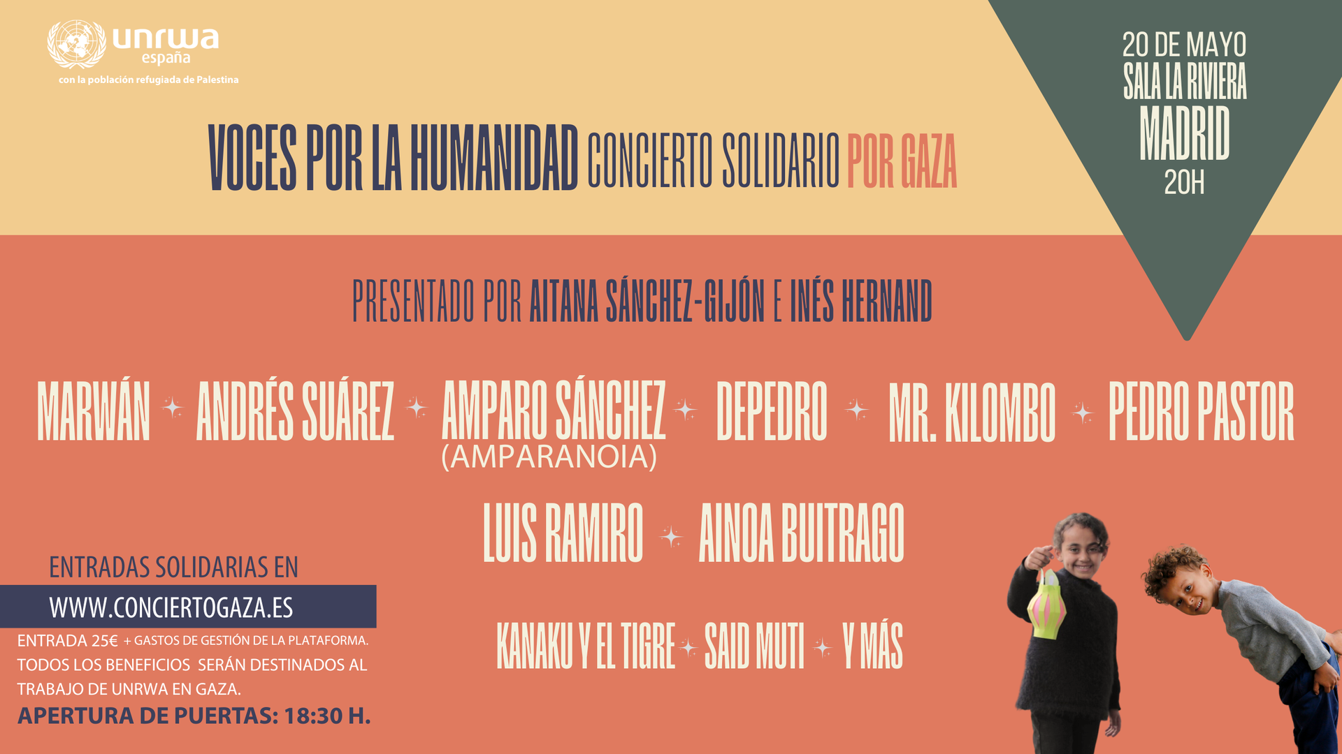 'Voces por la humanidad', el concierto solidario por Gaza llega a La Riviera de Madrid. La cita es el próximo 20 de mayo a favor de UNRWA