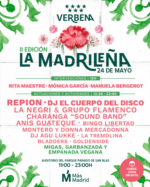 El próximo sábado día 24 de mayo se celebra en el Auditorio del Parque Paraíso de San Blas la Verbena La Madrileña 2025, de Más Madrid
