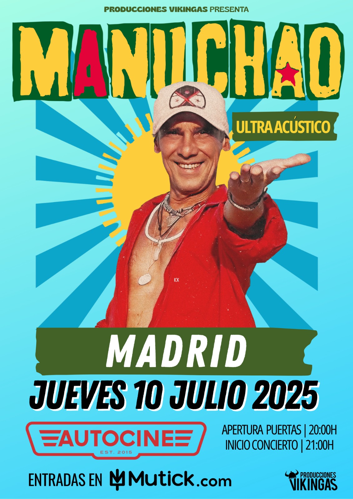 Manu Chao dará un concierto "ultra acústico" el próximo jueves 10 de julio en el Autocine Madrid. Las entradas cuestan 26,50 euros.