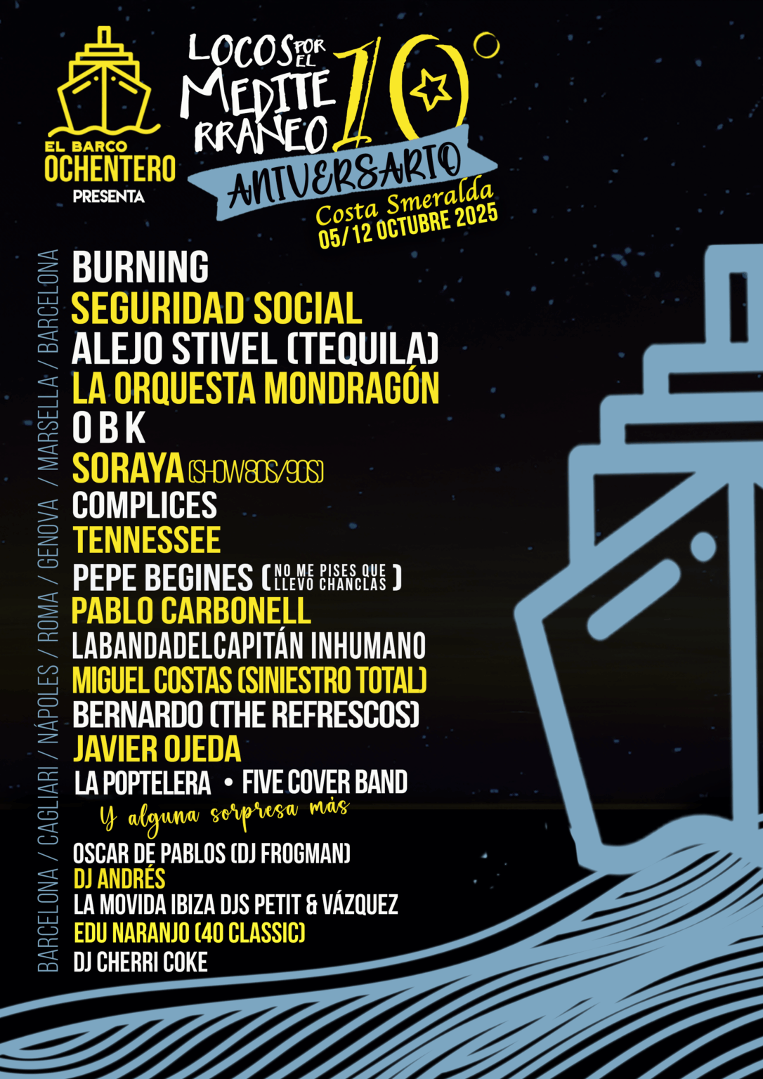 El Barco Ochentero vuelve a zarpar y navegar el Mar Mediterráneo este año 2025. Este crucero musical sale desde Barcelona el 5 de octubre