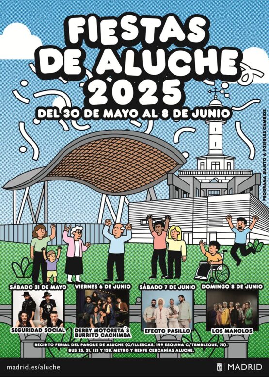 Programa de conciertos de las Fiestas de Aluche 2025, que tendrán lugar en el barrio madrileño desde el 30 de mayo hasta el 8 de junio.