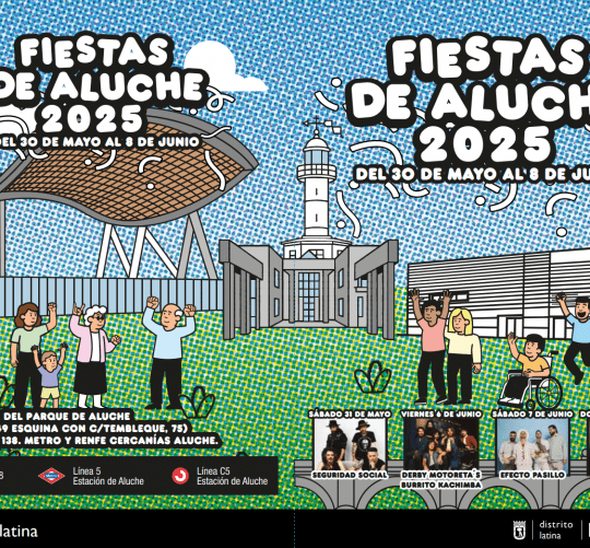 Programa de las Fiestas de Aluche 2025 con conciertos de Derby Motoreta's Burrito Kachimba, Seguridad Social, Efecto Mariposa o Los Manolos.