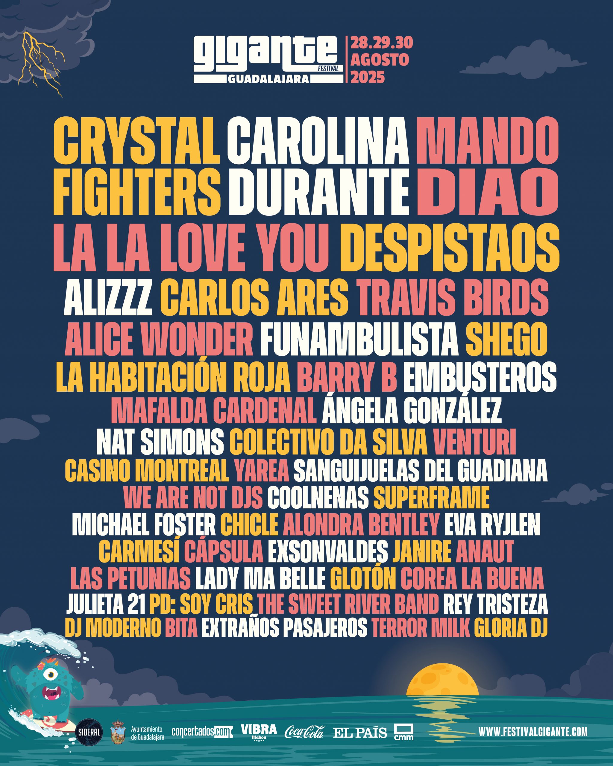 Cartel completo del Festival Gigante 2025, los días 28, 29 y 30 del mes de agosto, en la Explanada Municipal del Paseo del Ocio de Guadalajara