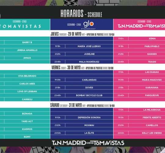 Horarios del Tomavistas 2025, festival que se celebrará durante tres jornadas en la Caja Mágica de Madrid, desde el 29 hasta el 31 de mayo.