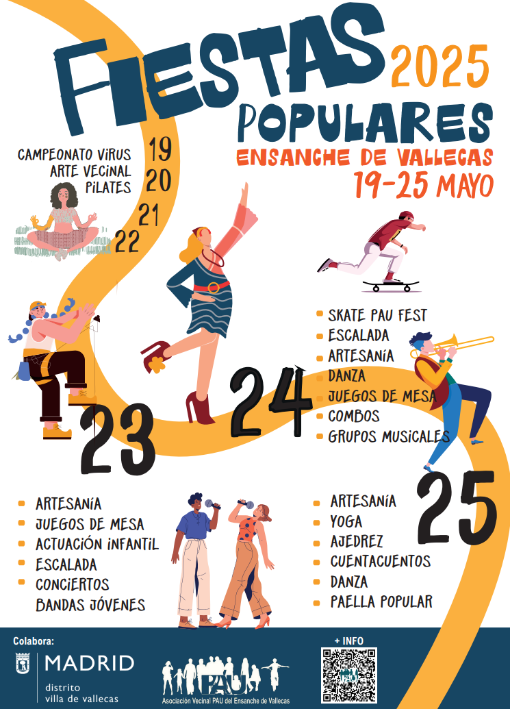 Programación de las Fiestas Populares del Ensanche de Vallecas 2025, con conciertos, exhibiciones, talleres y todo tipo de actividades.