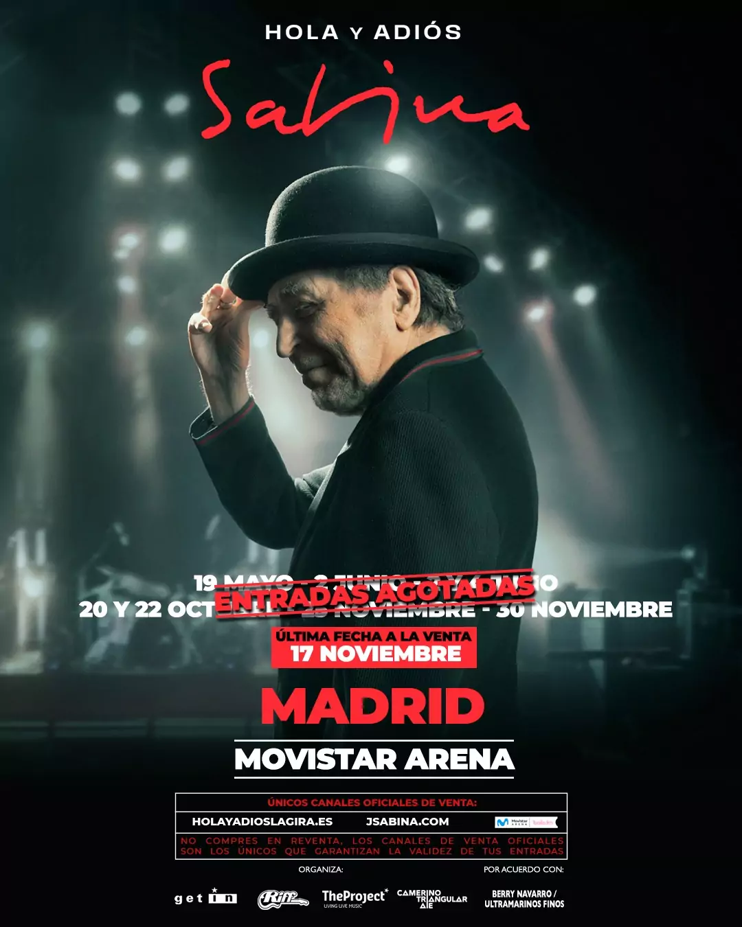 Joaquín Sabina anuncia su noveno y último concierto en el Movistar Arena de Madrid. La cita que ahora se anuncia será el día 17 de noviembre