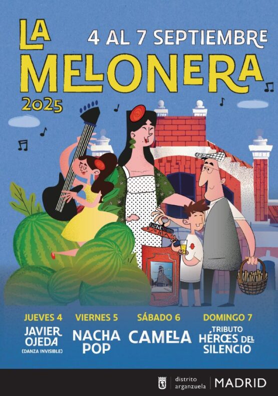 Programación de conciertos de las Fiestas de la Melonera 2025 en Madrid, en septiembre con Javier Ojeda (Danza Invisible), Nacha Pop y Camela