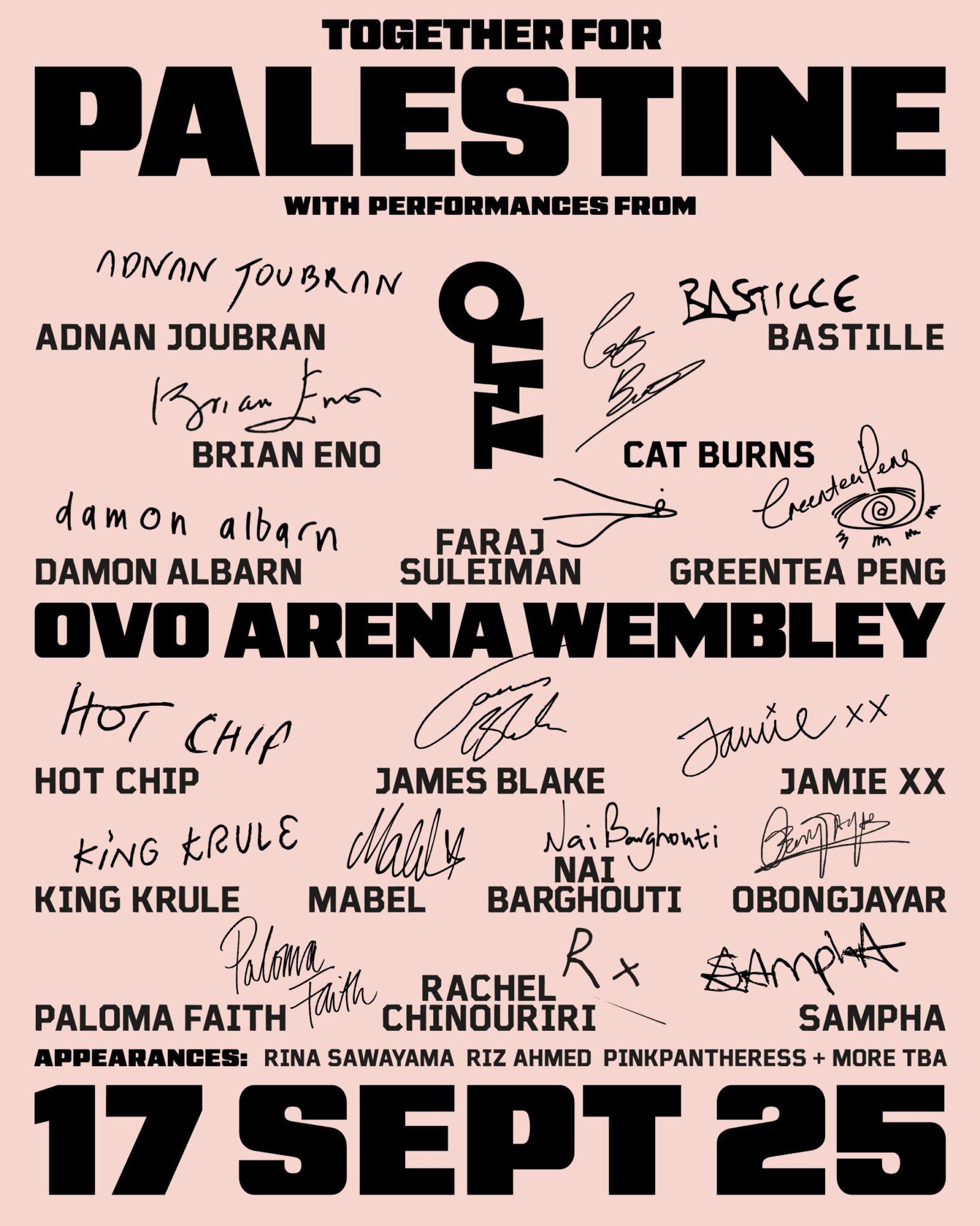 El próximo 17 de septiembre tendrá lugar un concierto de apoyo a Palestina en el OVO Arena Wembley con Damon Albarn, Brian Eno, Bastille y más