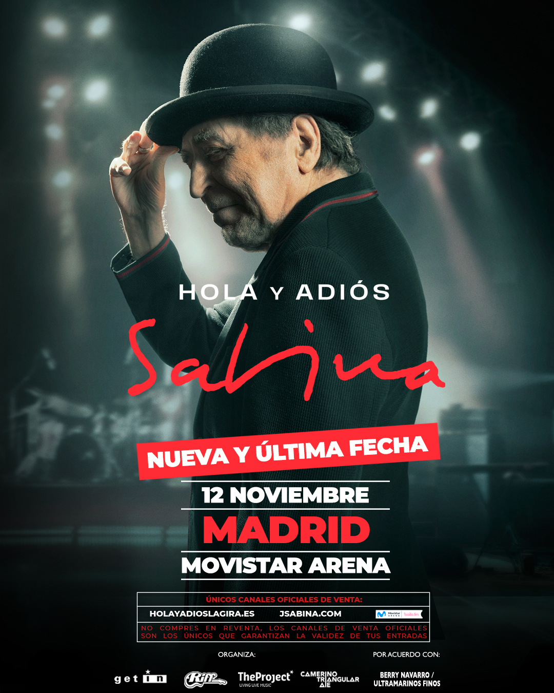 Joaquín Sabina suma un décimo y último concierto en el Movistar Arena de Madrid el próximo 12 de noviembre, dentro de su gira de despedida
