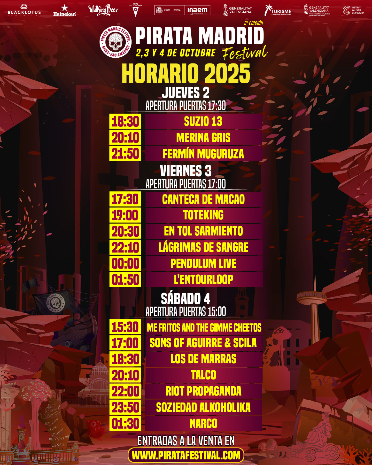 Horarios del Pirata Madrid Festival 2025, que será durante los días 2, 3 y 4 de octubre en el Auditorio Miguel Ríos de Rivas Vaciamadrid