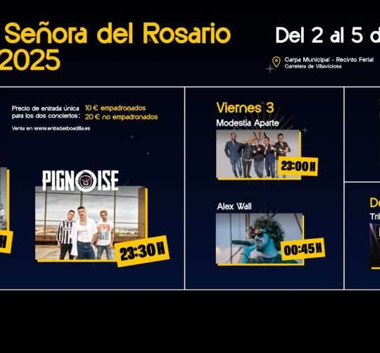 Programación de conciertos de las Fiestas de Boadilla del Monte 2025, que se celebran desde el día 2 hasta el 5 de octubre en la localidad