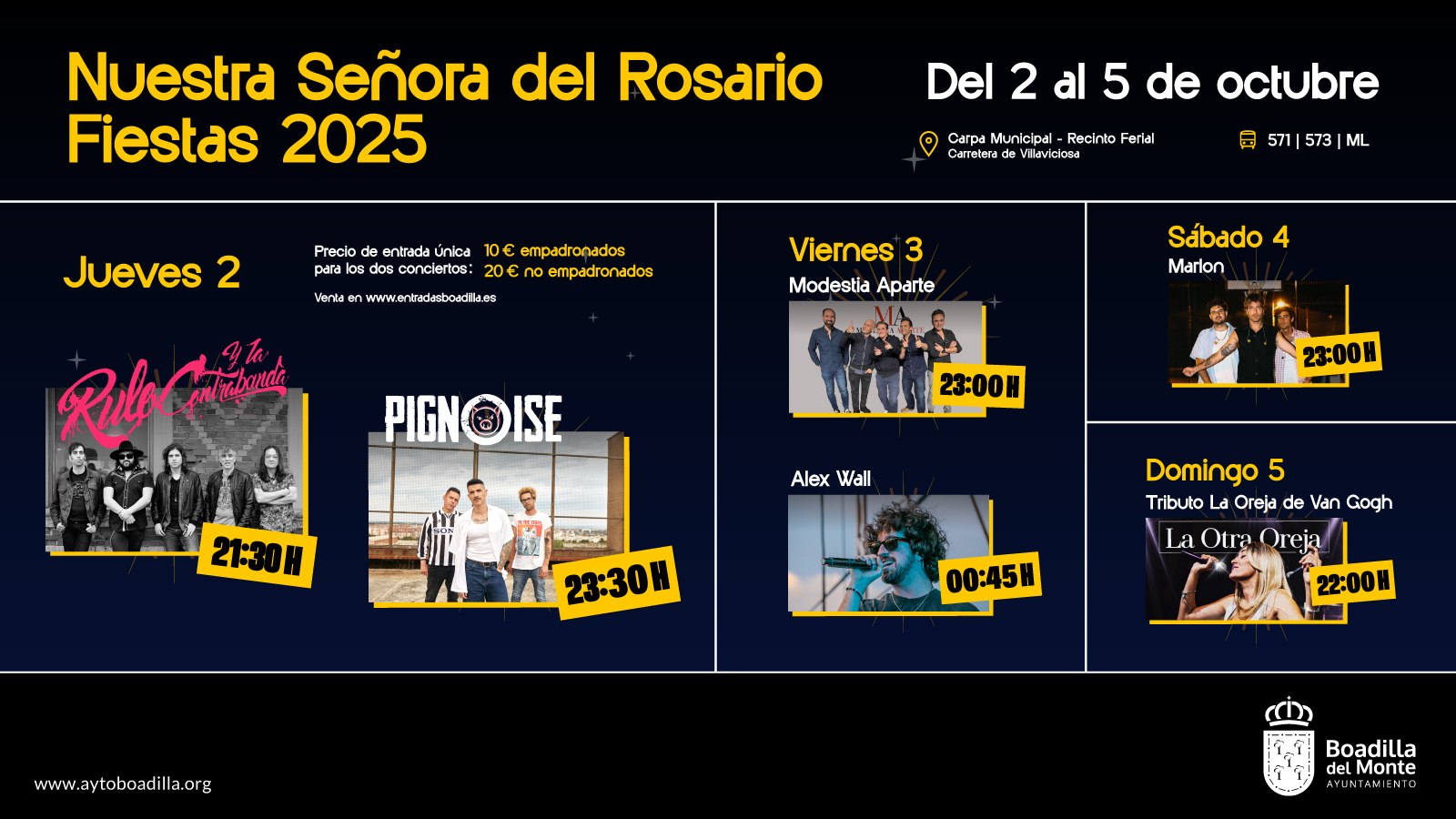 Programación de conciertos de las Fiestas de Boadilla del Monte 2025, que se celebran desde el día 2 hasta el 5 de octubre en la localidad