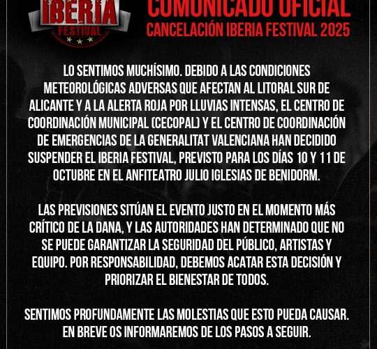 El Iberia Festival 2025 queda oficialmente cancelado debido a las previsiones meteorológicas que se ciernen sobre Benidorm