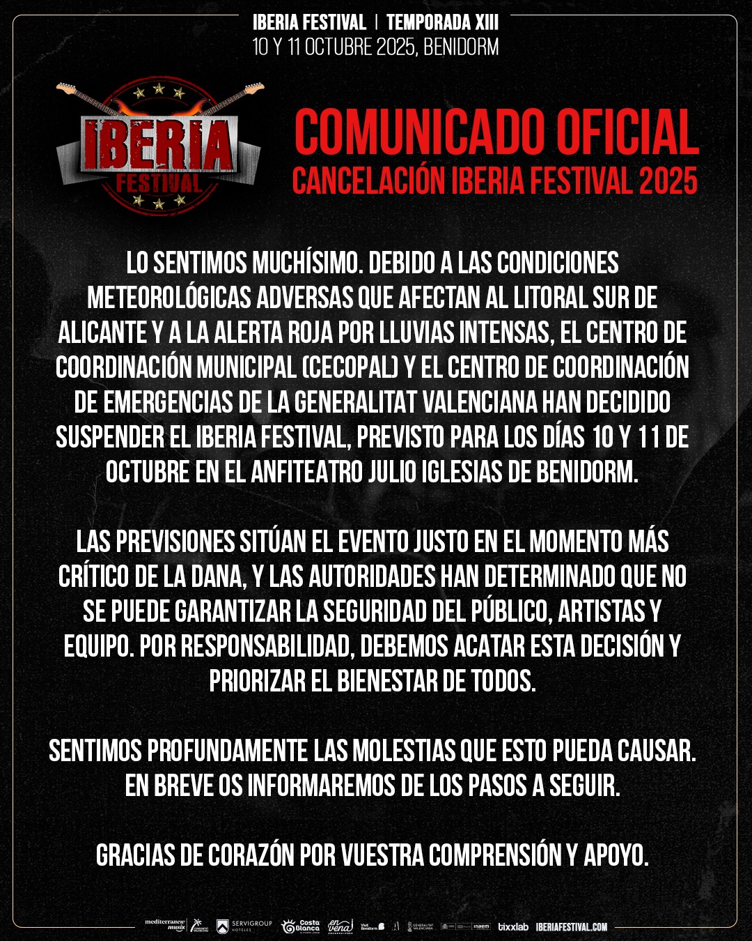 El Iberia Festival 2025 queda oficialmente cancelado debido a las previsiones meteorológicas que se ciernen sobre Benidorm