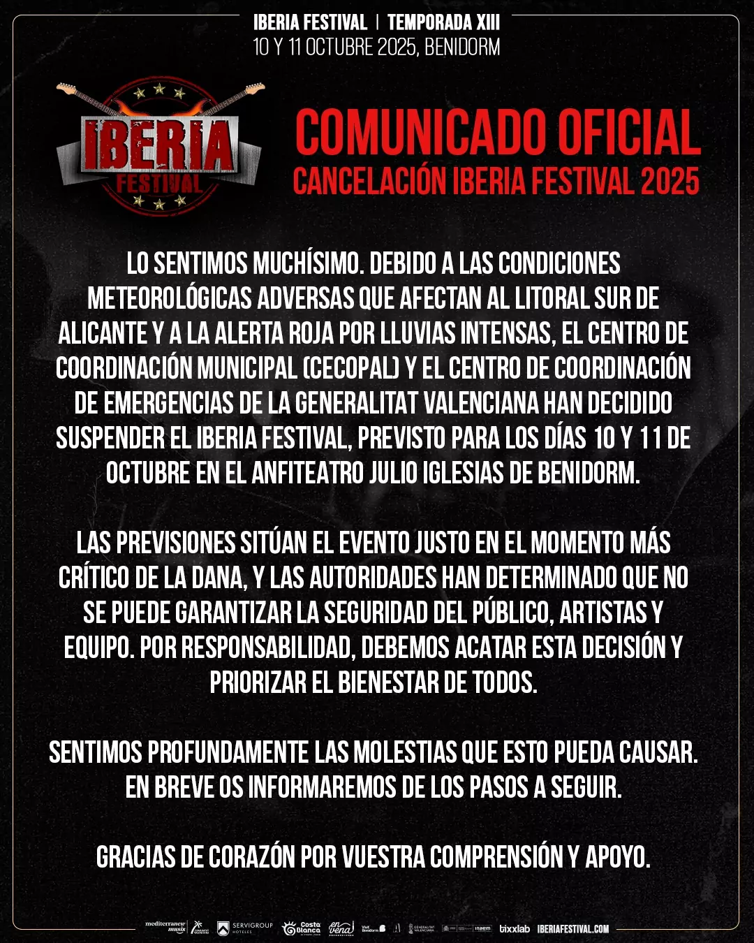 El Iberia Festival 2025 queda oficialmente cancelado debido a las previsiones meteorológicas que se ciernen sobre Benidorm