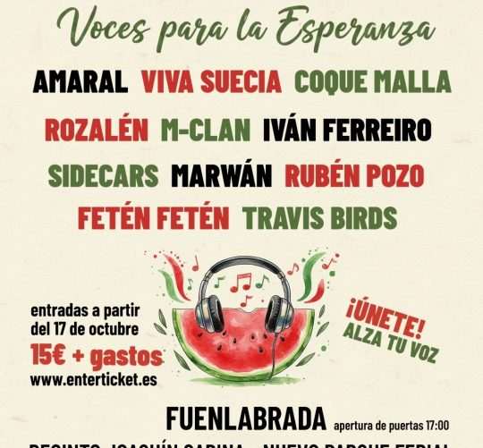 'Música por Palestina' es un concierto a beneficio de UNRWA que se celebrará en Fuenlabrada, en el Recinto Joaquín Sabina, el 15 de noviembre
