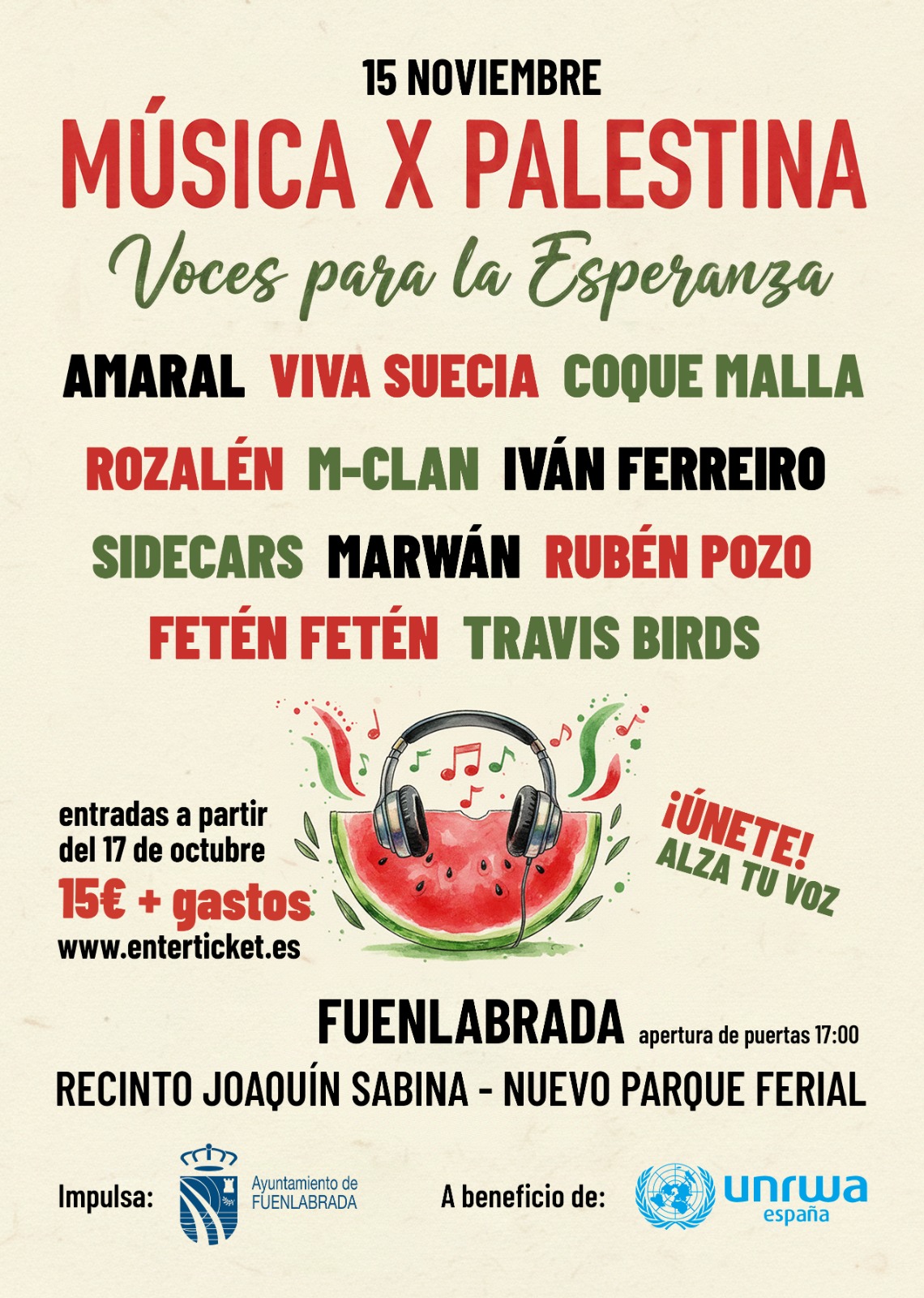 'Música por Palestina' es un concierto a beneficio de UNRWA que se celebrará en Fuenlabrada, en el Recinto Joaquín Sabina, el 15 de noviembre
