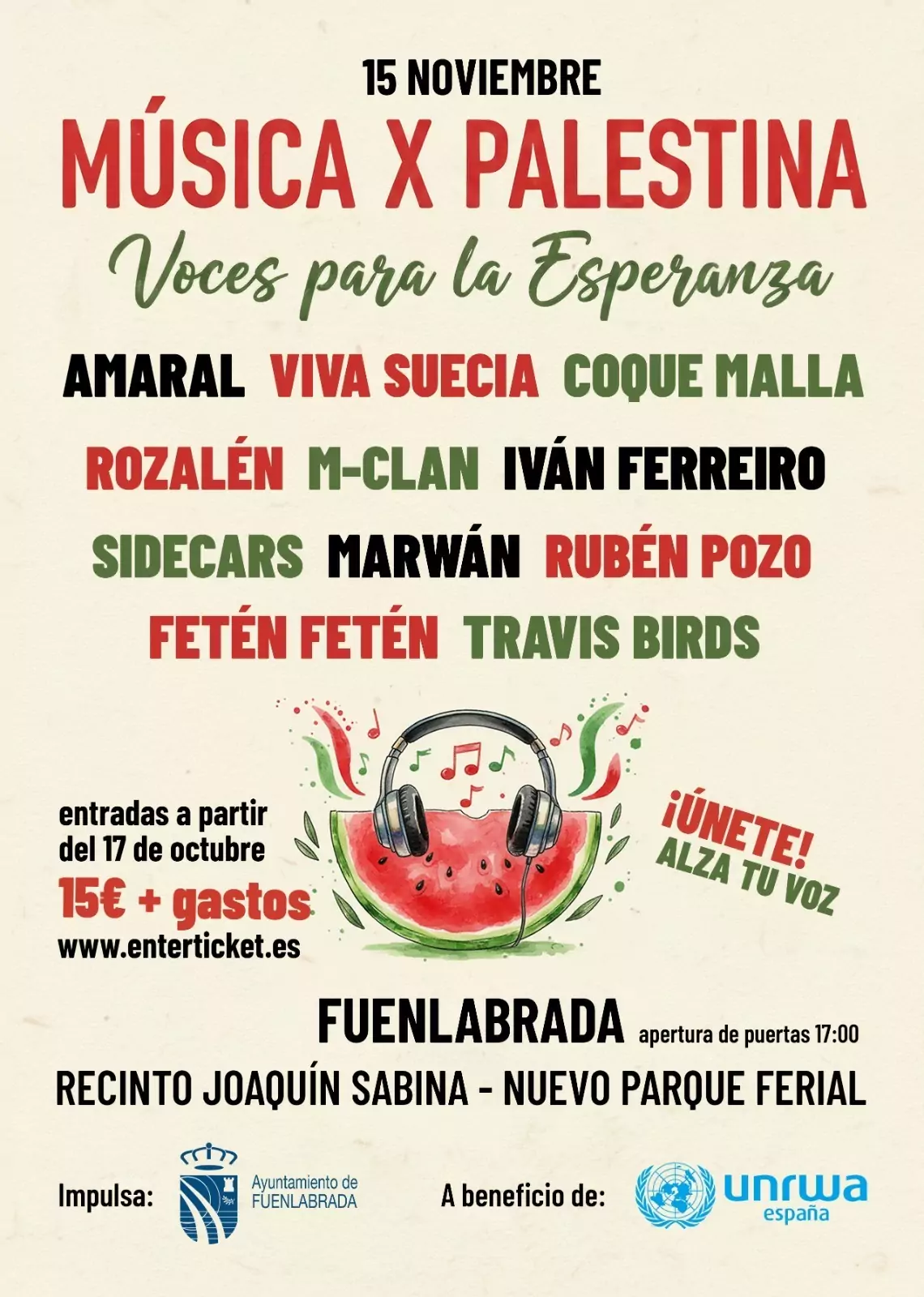 'Música por Palestina' es un concierto a beneficio de UNRWA que se celebrará en Fuenlabrada, en el Recinto Joaquín Sabina, el 15 de noviembre