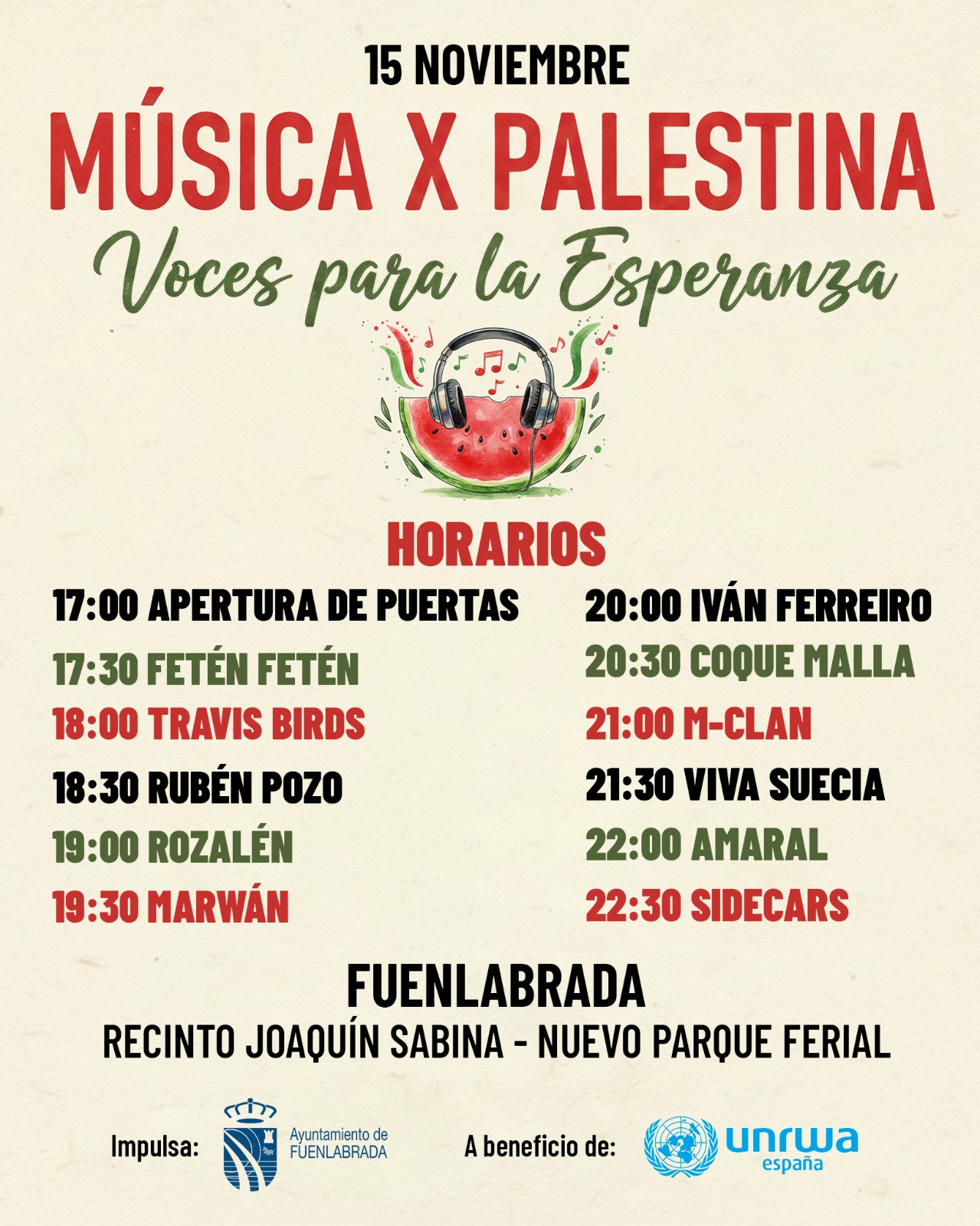 Horarios del necesario concierto solidario que este sábado 15 de noviembre se celebra en Fuenlabrada con el título de Música por Palestina