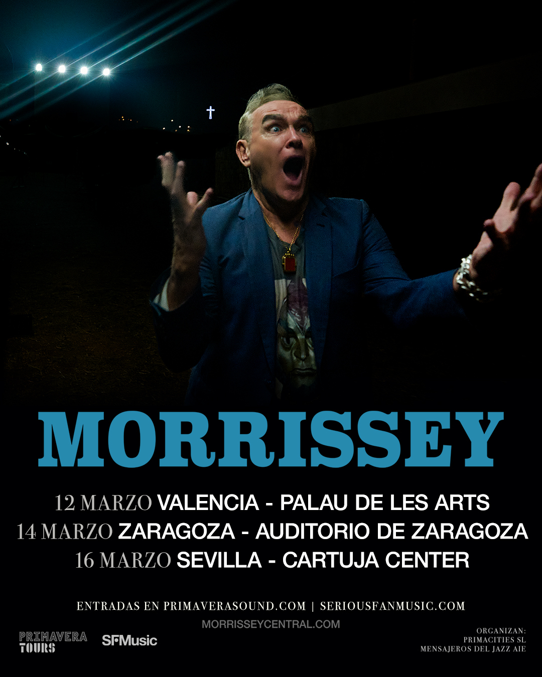 Morrissey anuncia concirtos en Valencia, Zaragoza y Sevilla en marzo de 2026. La venta general de entradas se abrirá este 28 de noviembre