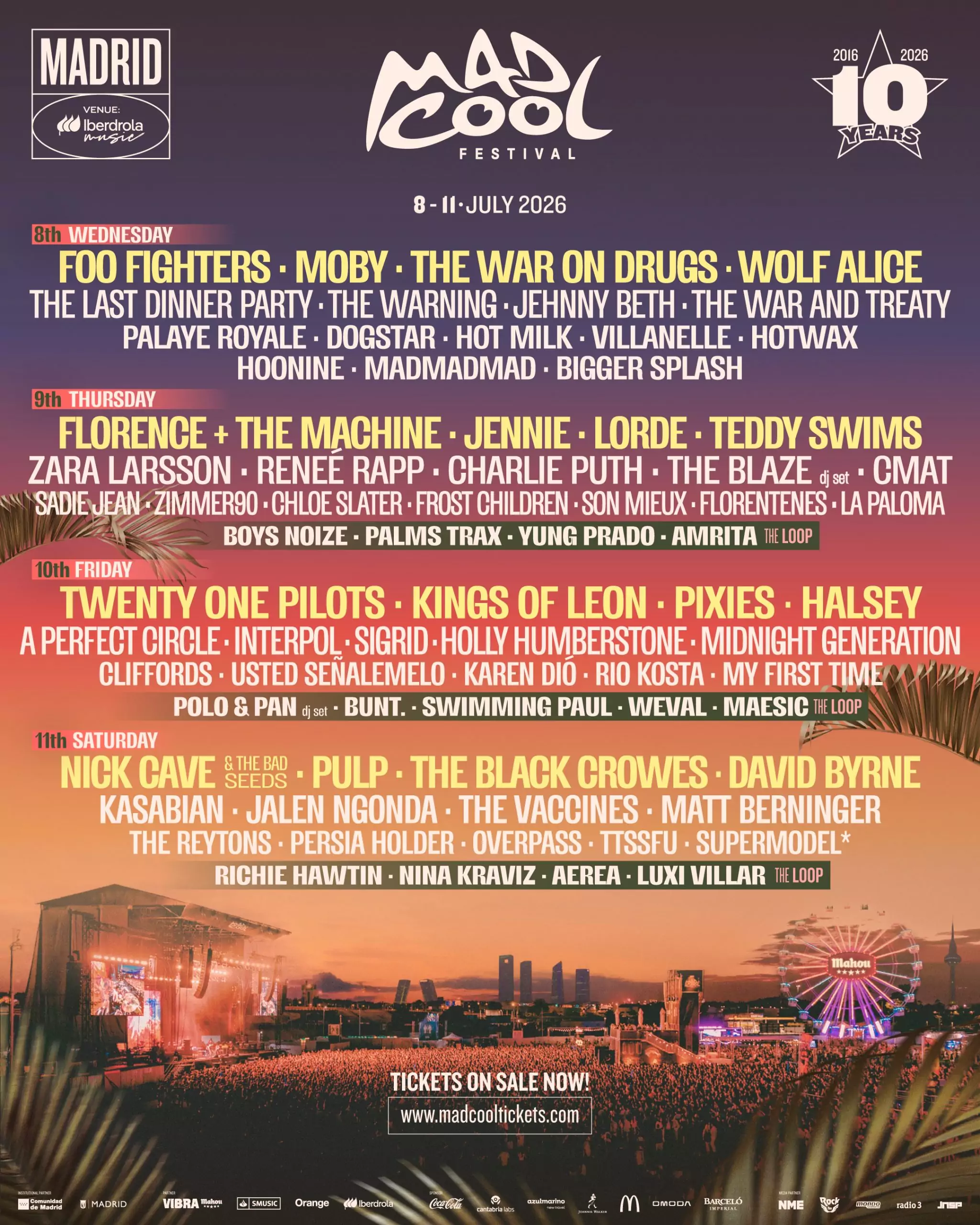 Mad Cool 2026 pone a la venta sus entradas y abonos en unos días. Repasamos los precios para el décimo aniversario del festival madrileño
