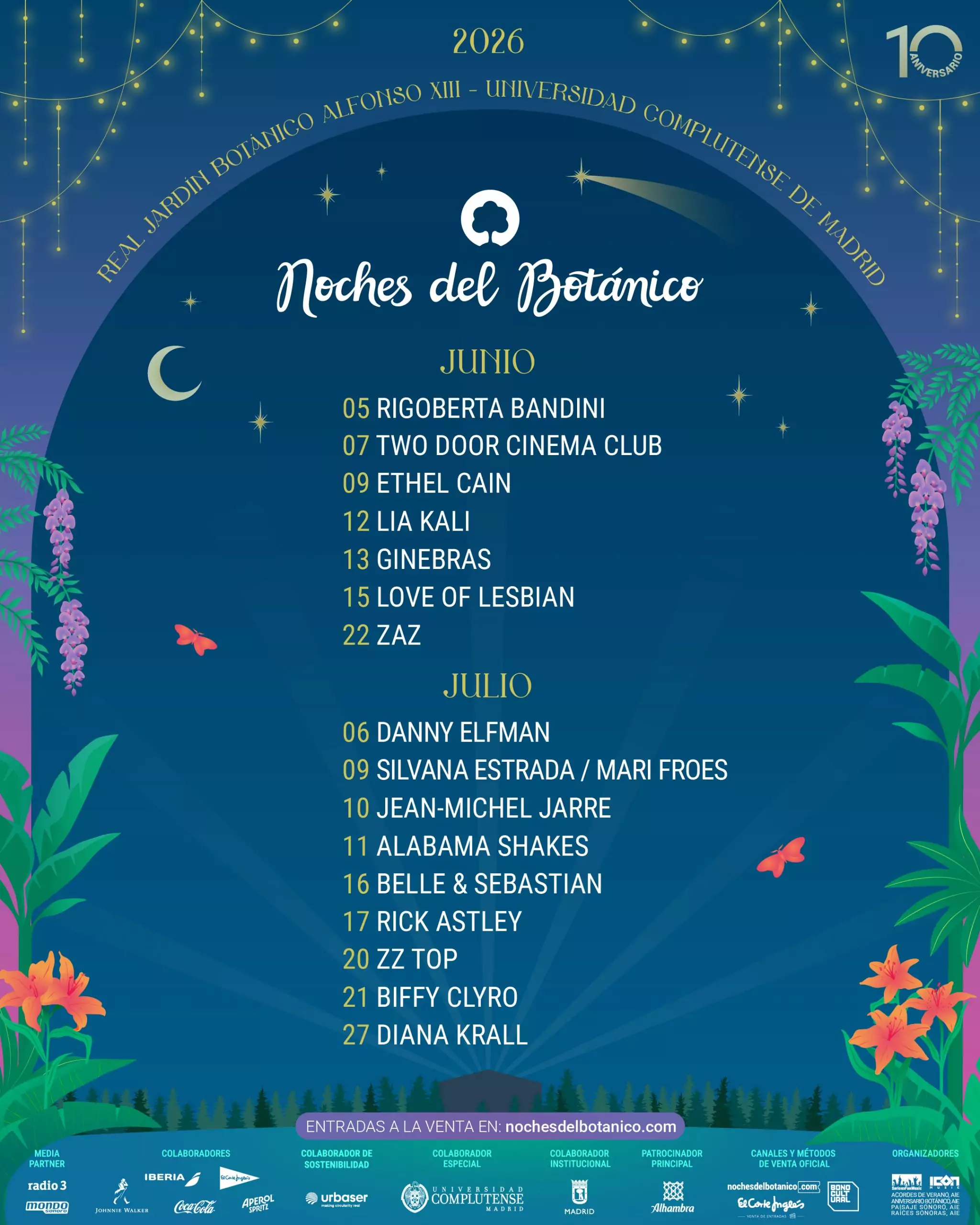 Noches del Botánico 2026 presenta los primeros 16 programas de su décimo aniversario, que se celebrará entre junio y julio en Madrid.