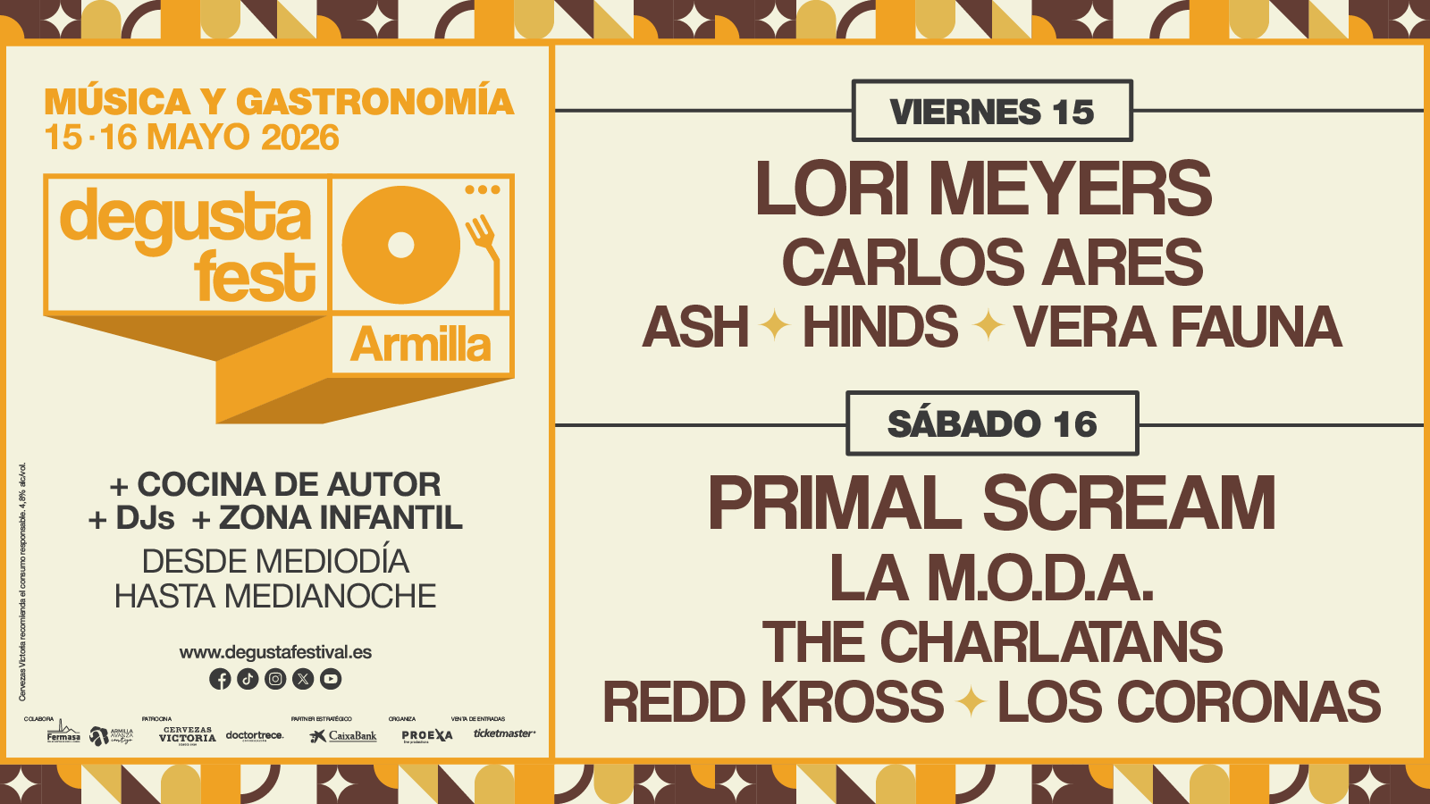 Cartel completo del Degusta Fest Armilla 2026, el festival que fusiona música en directo con cocina de autor los días 15 y 16 de mayo