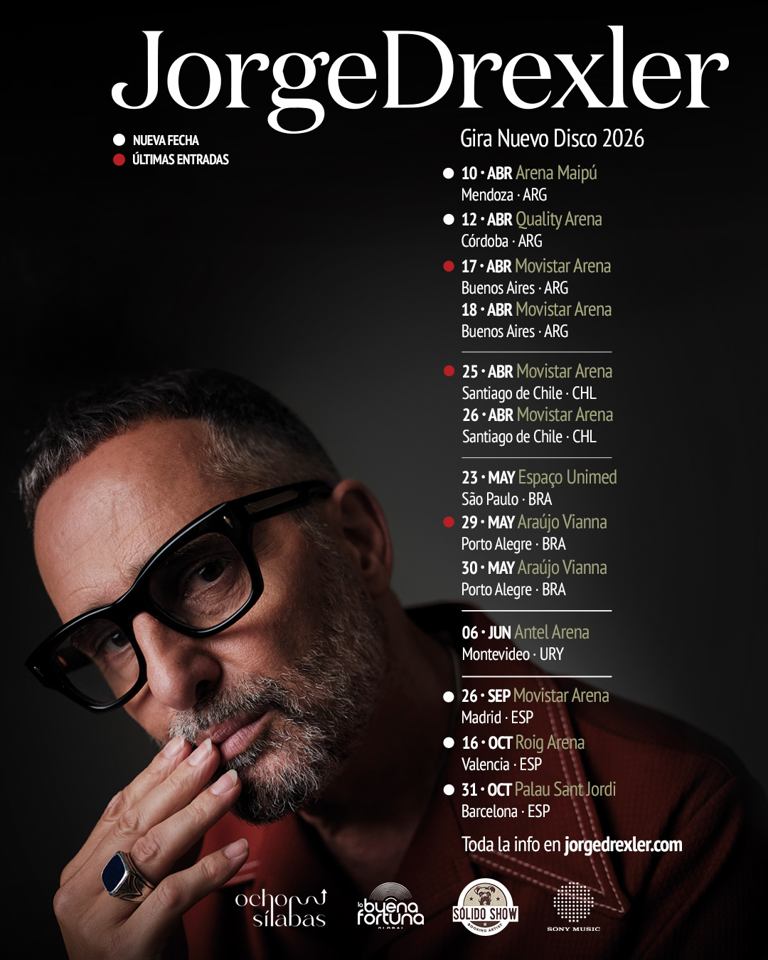 El artista uruguayo Jorge Drexler anuncia nuevos conciertos en Madrid, Valencia y Barcelona en 2026 para presentar su próximo disco.