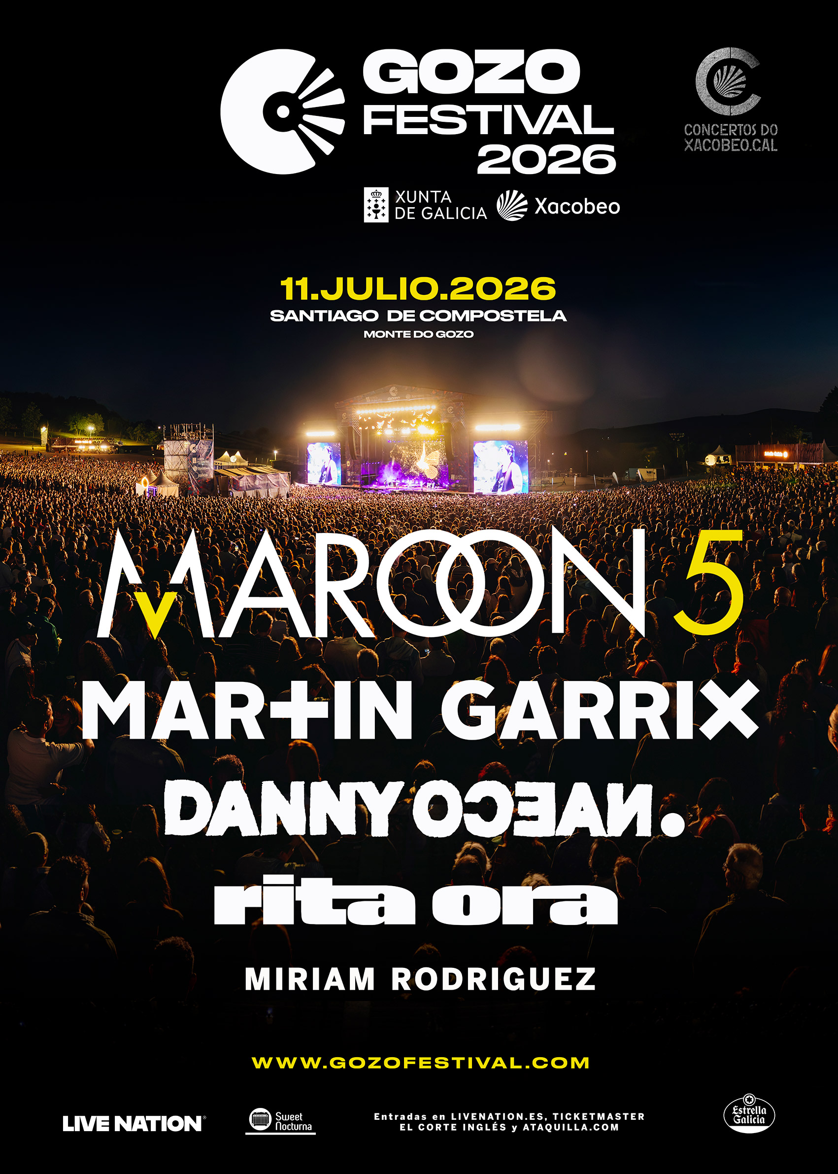 Vuelve O Gozo festival en Santiago de Compostela el 11 de julio de 2026 con Maroon 5, Martin Garrix, Danny Ocean, Rita Ora y Miriam Rodriguez