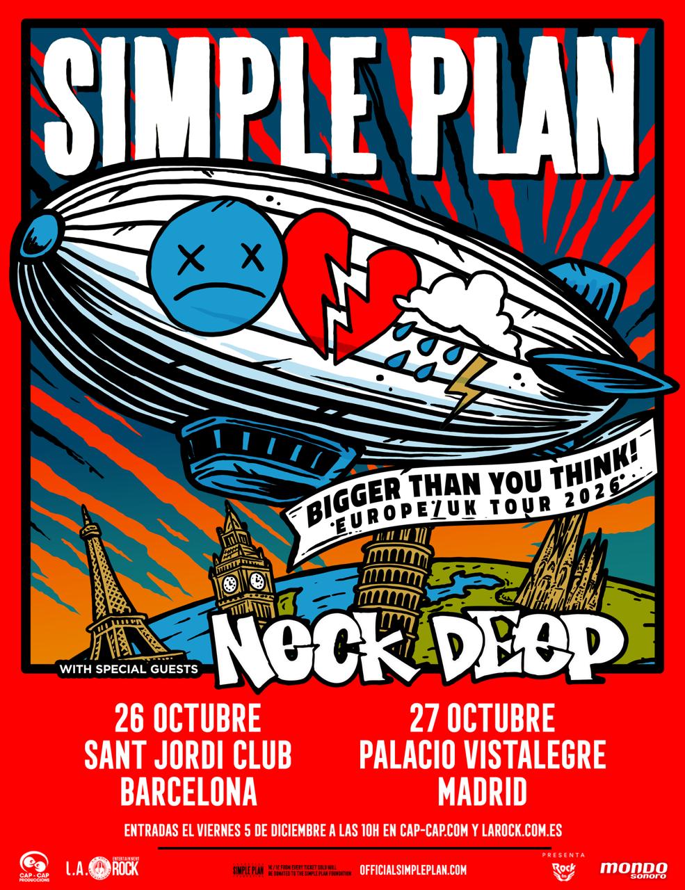 Simple Plan anuncia su regreso a España en octubre del cada vez más cercano nuevo año 2026.. Las citas serán en Barcelona y Madrid en octubre