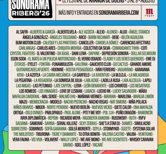 Sonorama Ribera vuelve con fuerza en su 29 edición, que tendrá lugar entre el 5 y el 9 de agosto de 2026, y lo hace ya con su cartel completo