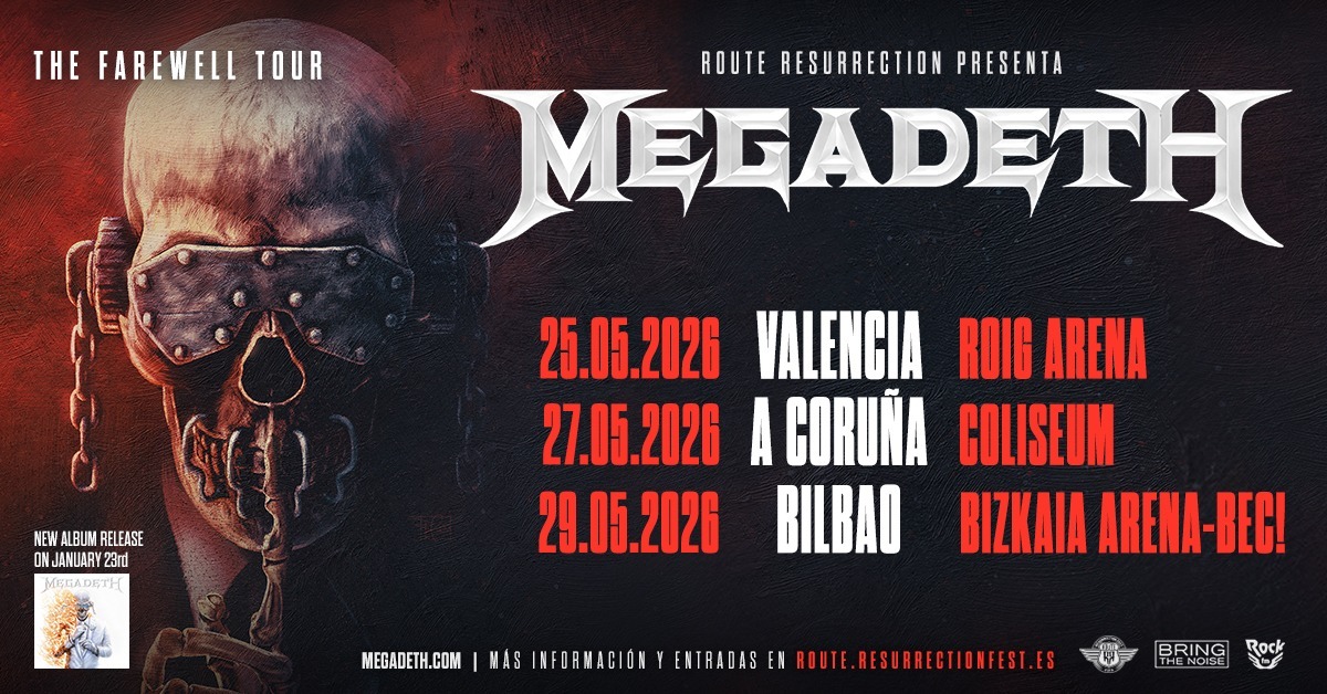 Megadeth tocará en Valencia, A Coruña y Bilbao en su gira de despedida. Los conciertos tendrán lugar en mayo, con Dave Mustaine al frente
