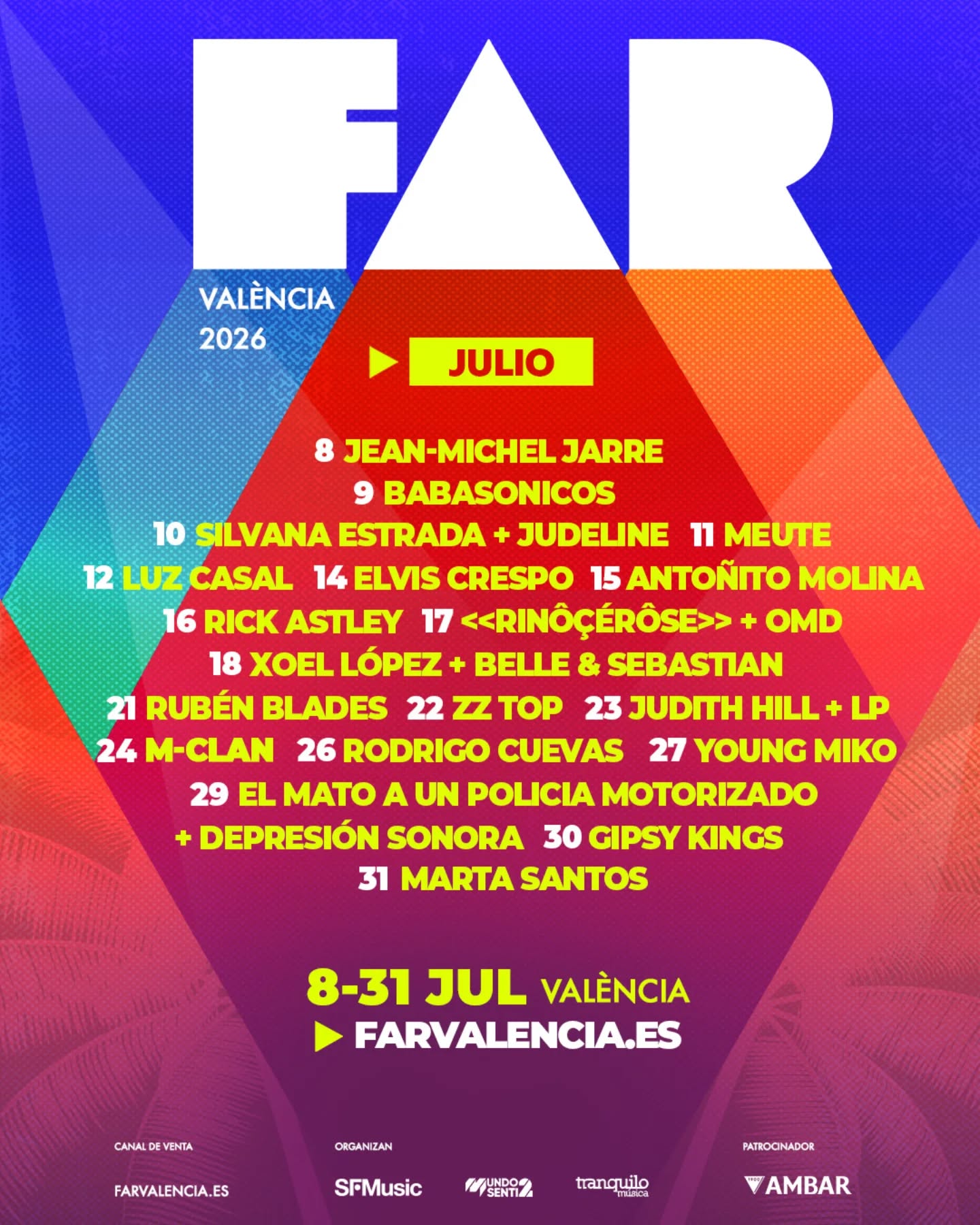 Cartel completo de FAR Valencia 2026, el ciclo de conciertos que del 8 al 31 de julio se celebrará en dos emplazamientos clave de la ciudad