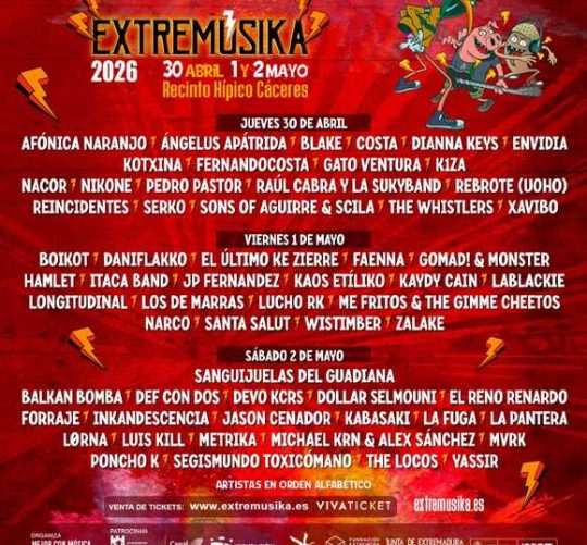 Extremúsika 2026 desvela el cartel por días que hará vibrar Cáceres este puente de mayo. La cita es en el Recinto Hípico durante tres días