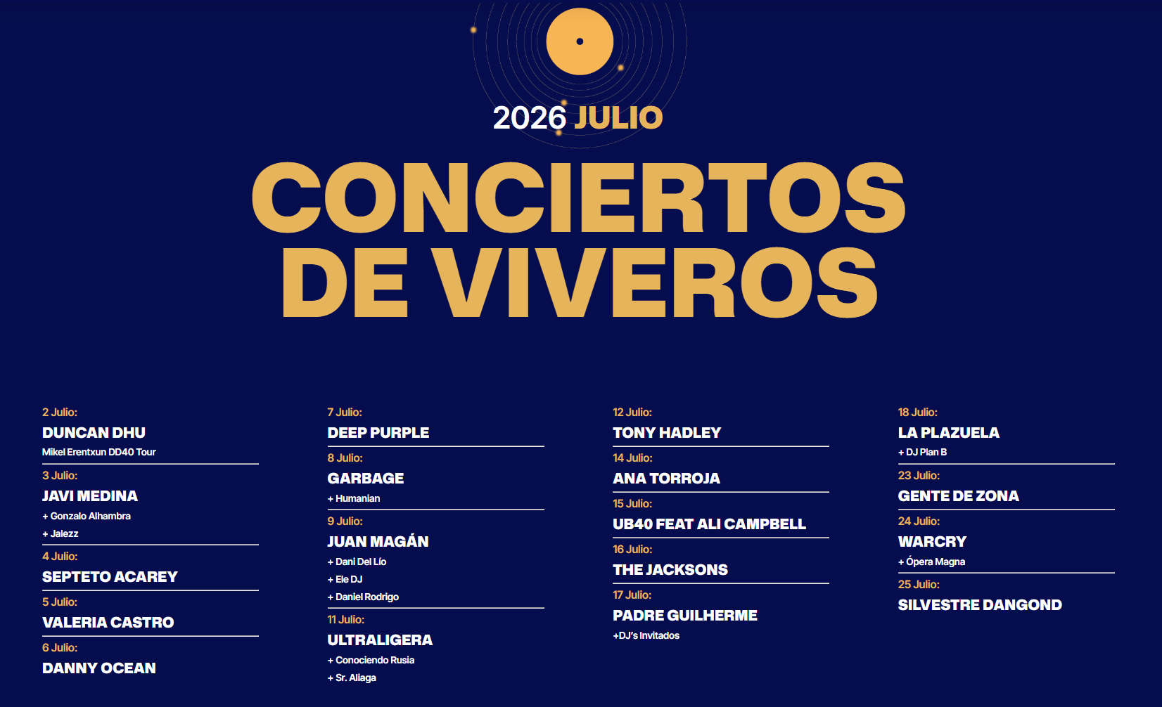 Programación completa del ciclo de Conciertos de Viveros 2026 en Valencia. Del 2 al 25 de julio de este año con propuestas muy variadas