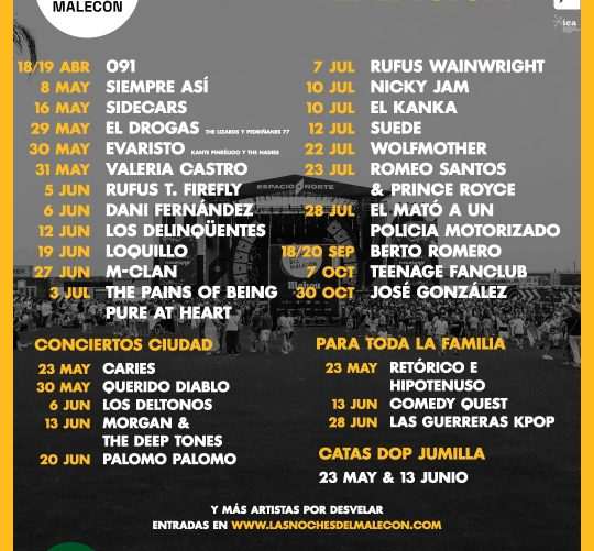 Ya conocemos la programación de Las Noches del Malecón 2026, ciclo musical que llena Murcia de conciertos en diferentes emplazamientos