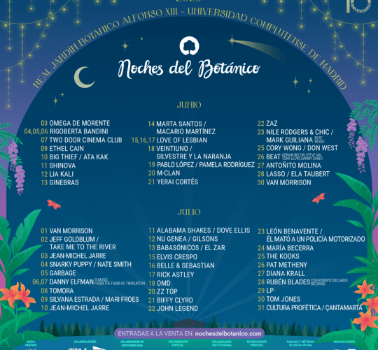 Cartel completo de Noches del Botánico, que este 2026 celebra su décimo aniversario del 3 de junio al 31 de julio en el Real Jardín Botánico Alfonso XIII de la Universidad Complutense de Madrid
