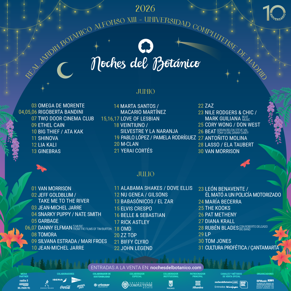 Cartel completo de Noches del Botánico, que este 2026 celebra su décimo aniversario del 3 de junio al 31 de julio en el Real Jardín Botánico Alfonso XIII de la Universidad Complutense de Madrid