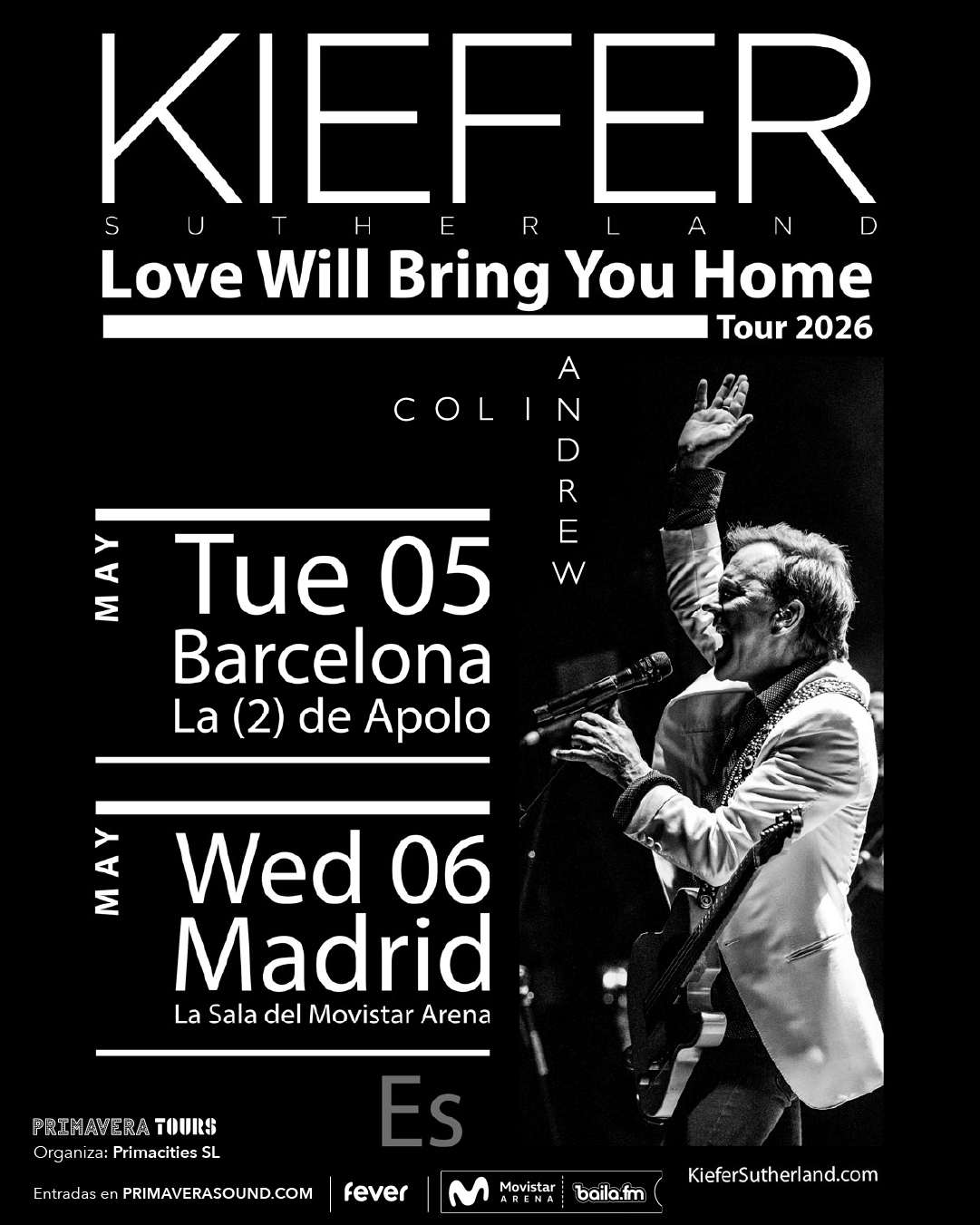 Kiefer Sutherland actuará en Barcelona y Madrid en mayo. Las entradas están a la venta en la web de Primavera Sound a un precio de 30 euros