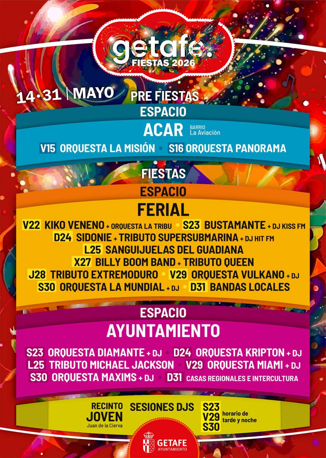 El Ayuntamiento de Getafe ha desvelado la programación completa de conciertos para las próximas Fiestas Patronales de este año 2026
