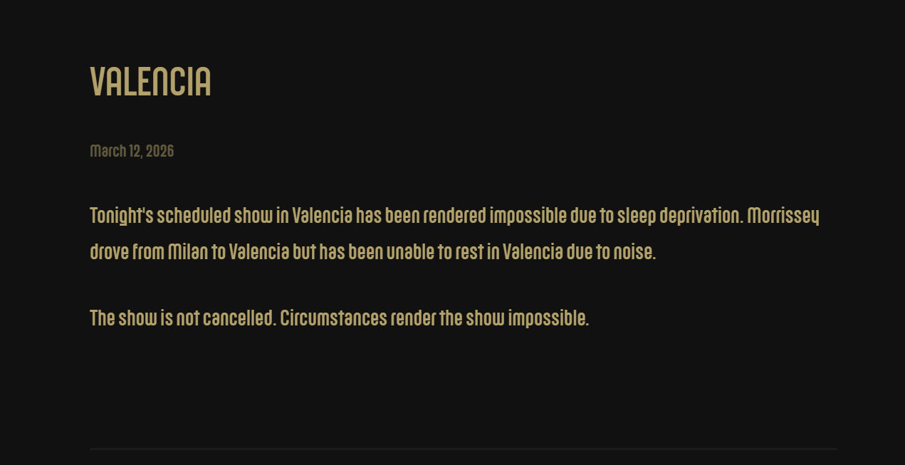 Morrissey cancela el concierto de hoy en Valencia