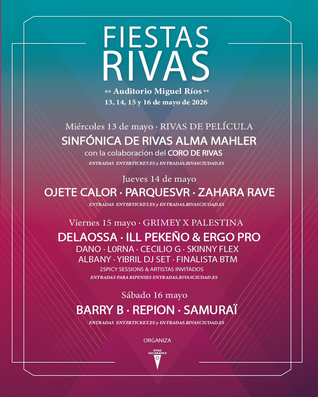 Ya tenemos la programación completa de las Fiestas de Rivas 2026. La edición de este año tendrá lugar los días 13, 14, 15 y 16 de mayo