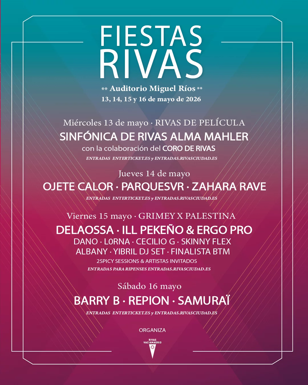 Ya tenemos la programación completa de las Fiestas de Rivas 2026. La edición de este año tendrá lugar los días 13, 14, 15 y 16 de mayo